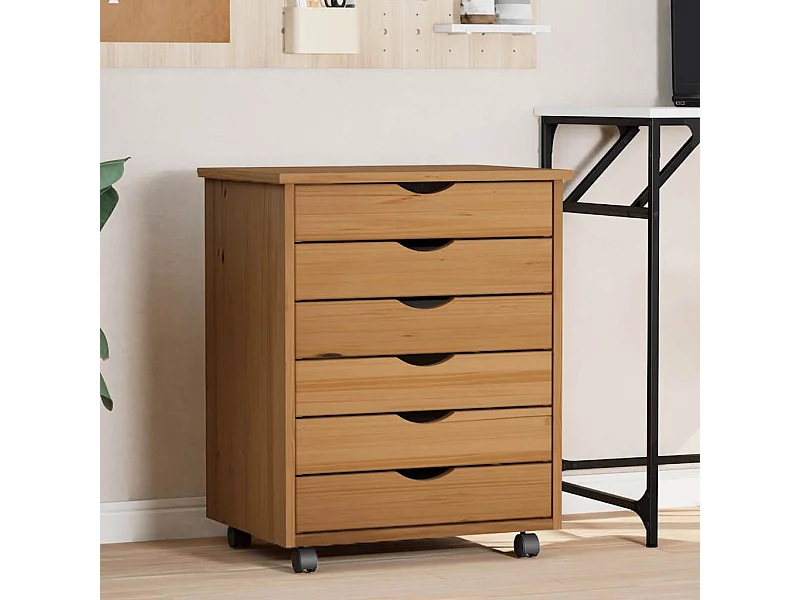 Armoire roulante avec tiroirs MOSS bois de pin marron miel