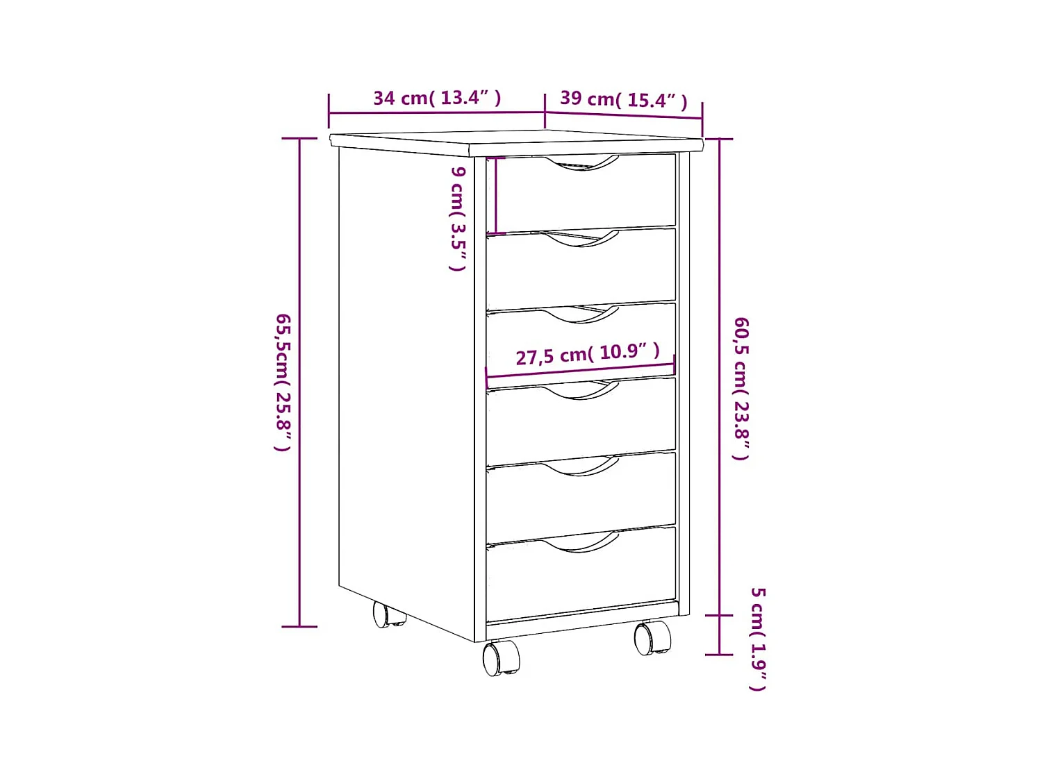 Szafka na kółkach z szufladami MOSS z litego drewna sosnowego - Brązowy Miód - 6 szuflad
