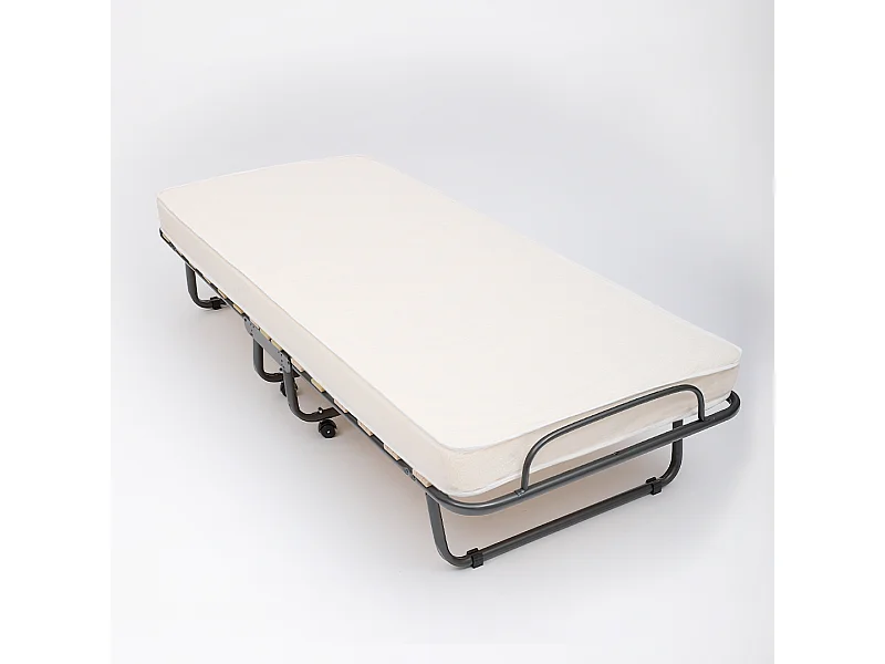 Klappbett 80x190 cm, Waterfoam-Matratze, schwenkbare Räder, gebogene Latten.