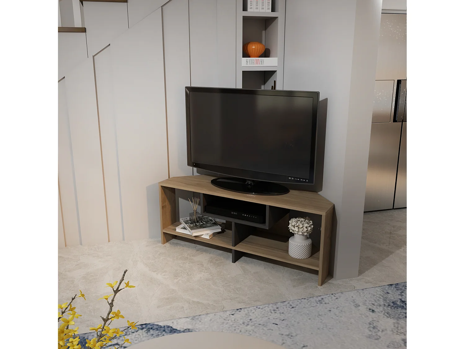 Maldiv Meuble TV d'angle 120 cm Niches Design (Noyer et Noir)