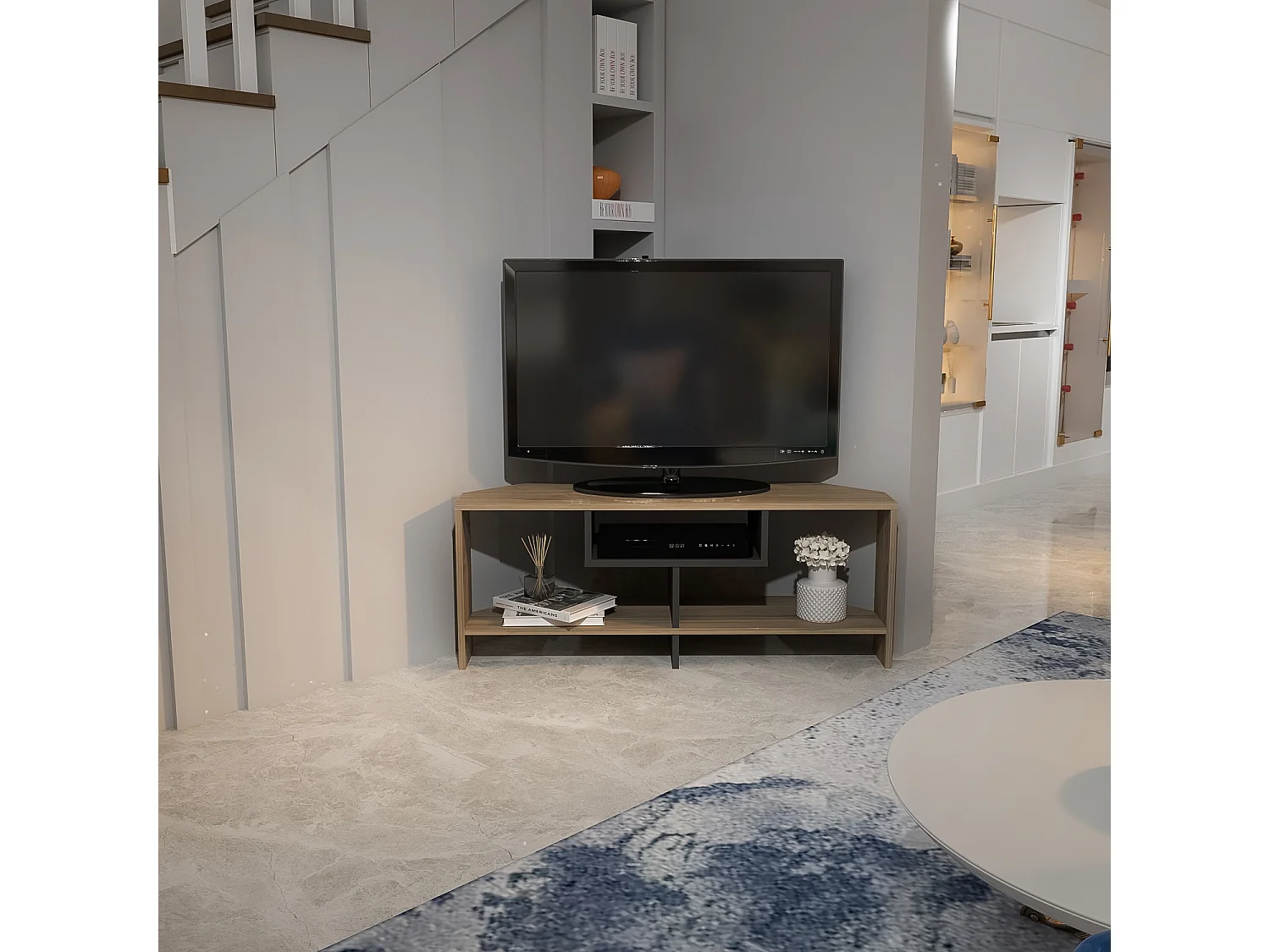 Decorotika Maldives Corner TV Unit with Open Shelves for TVs up to 47 Inches