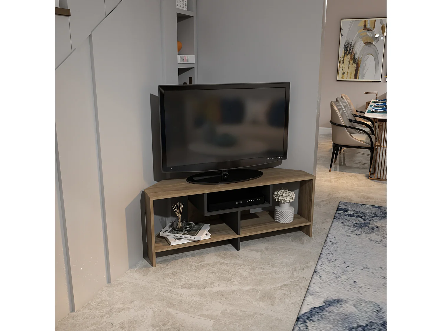Decorotika Maldives Corner TV Unit with Open Shelves for TVs up to 47 Inches