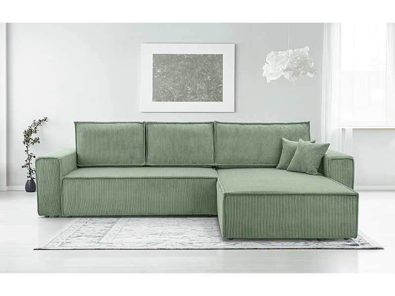 AX LIVING Canapé d’angle en velours côtelé Cedria – 287 cm vert sauge