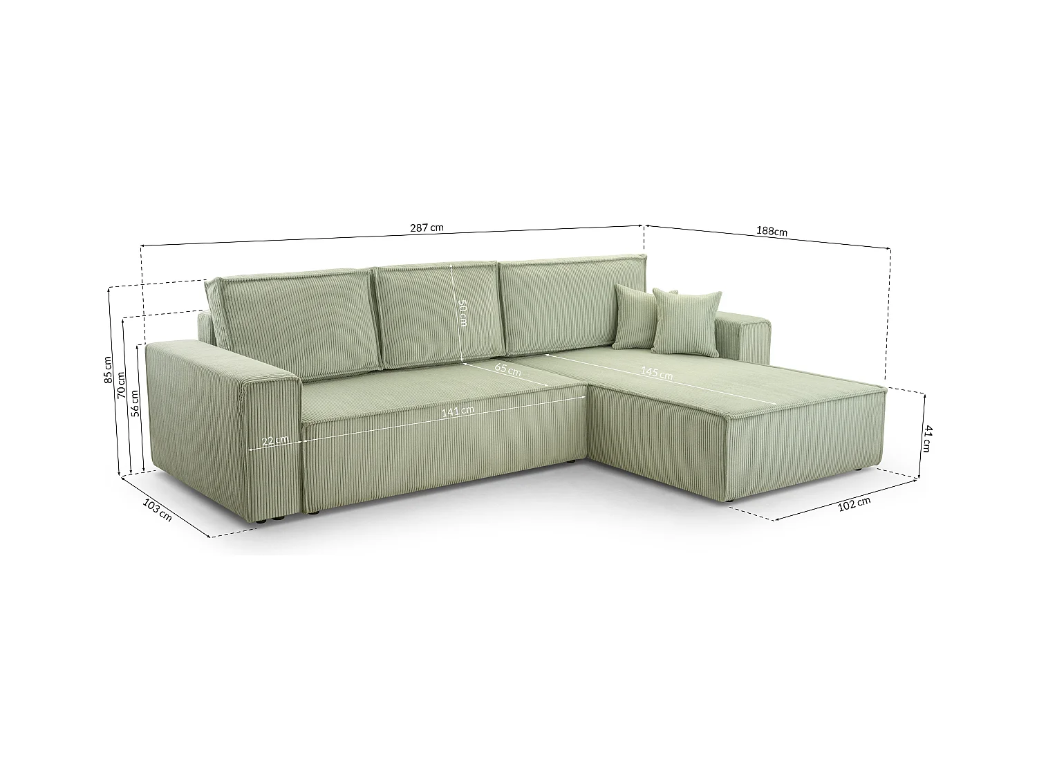 AX LIVING Cord Couch L Form – Cedria Wohnlandschaft 287 cm Salbeigrün