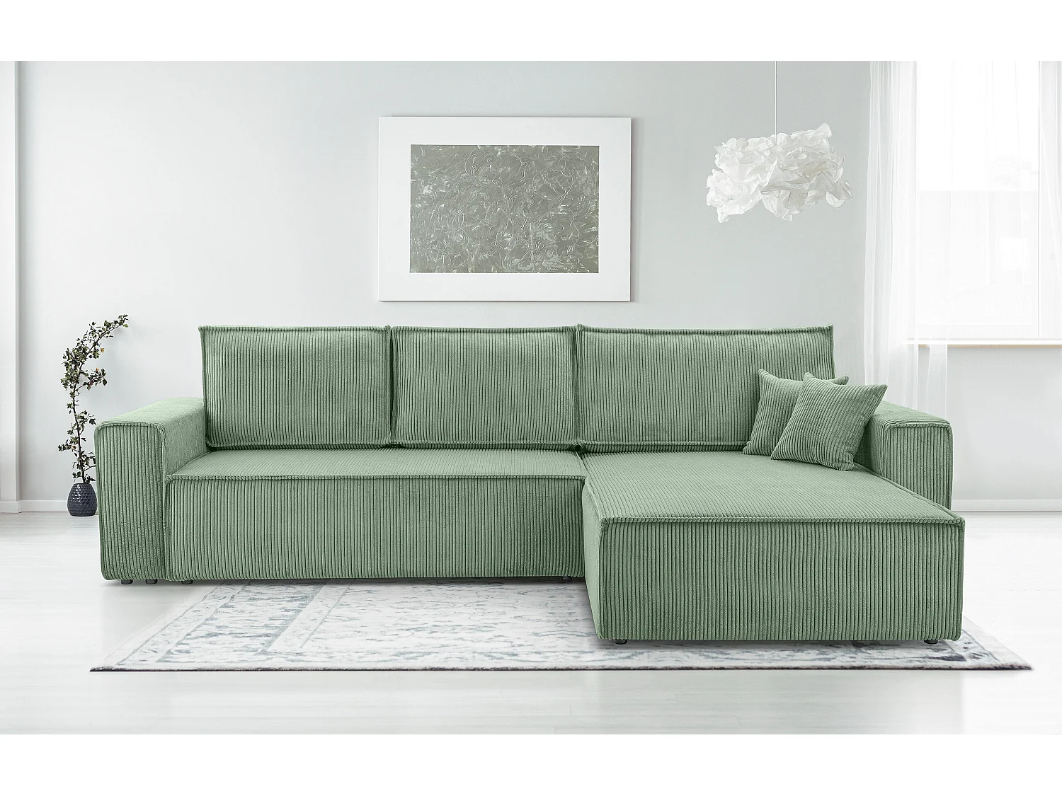 AX LIVING Canapé d’angle en velours côtelé Cedria – 287 cm vert sauge