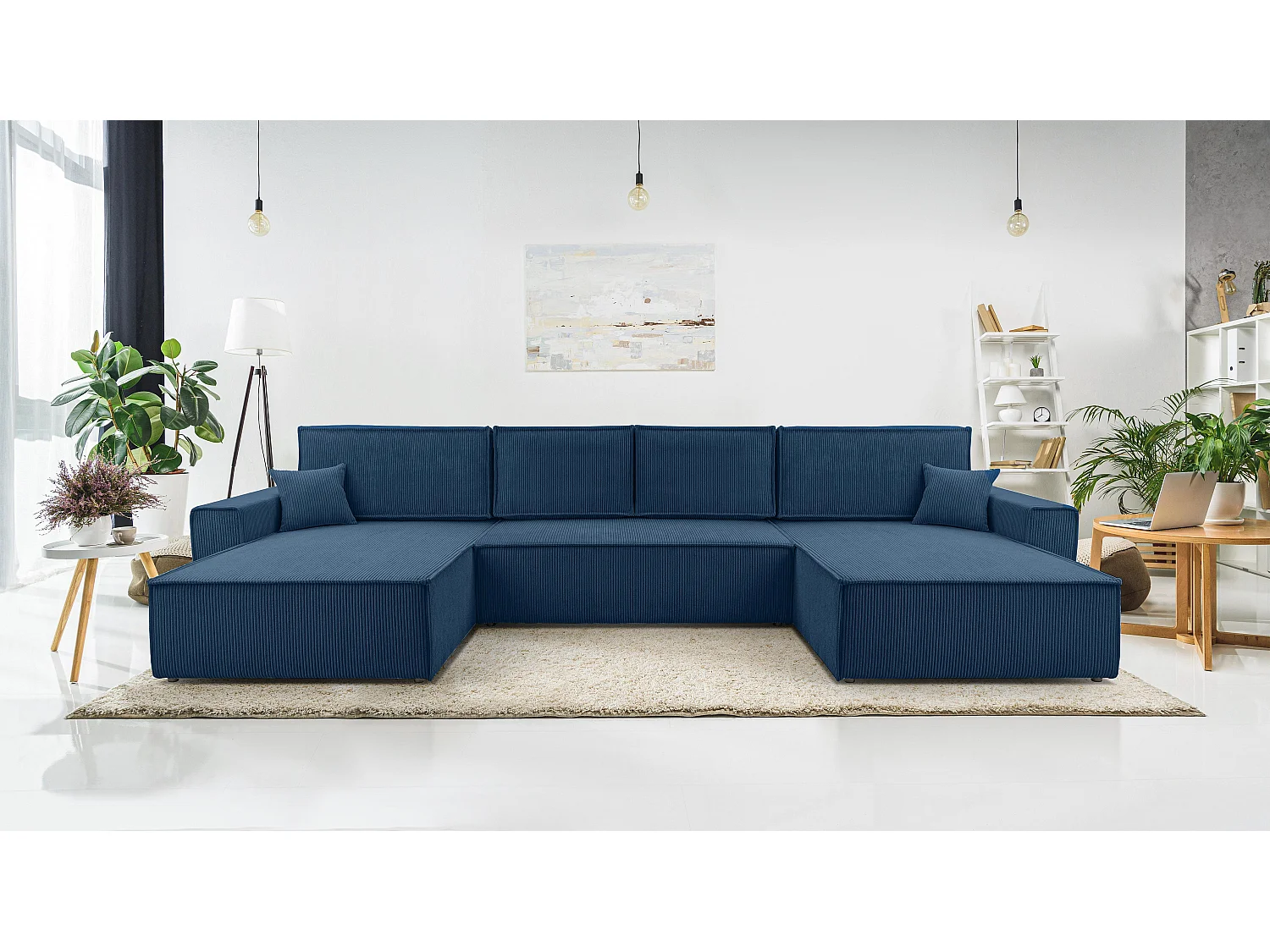 AX LIVING Cedria blauwe hoekbank U vorm – 389 cm met slaapfunctie