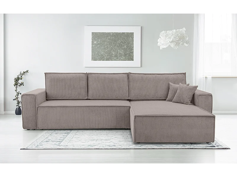 AX LIVING Canapé d’angle en velours côtelé Cedria – 287 cm Beige