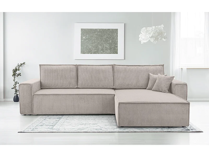 AX LIVING Canapé d’angle en velours côtelé blanc Cedria – 287 cm