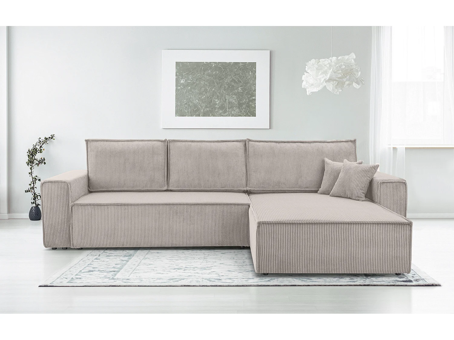 AX LIVING Canapé d’angle en velours côtelé blanc Cedria – 287 cm