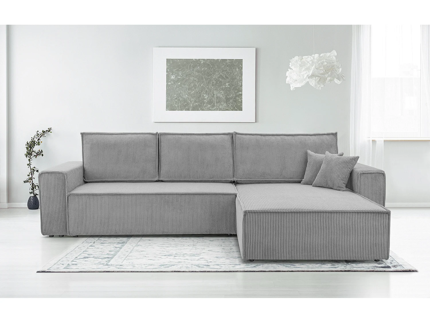 AX LIVING Canapé d’angle en velours côtelé gris clair Cedria – 287 cm