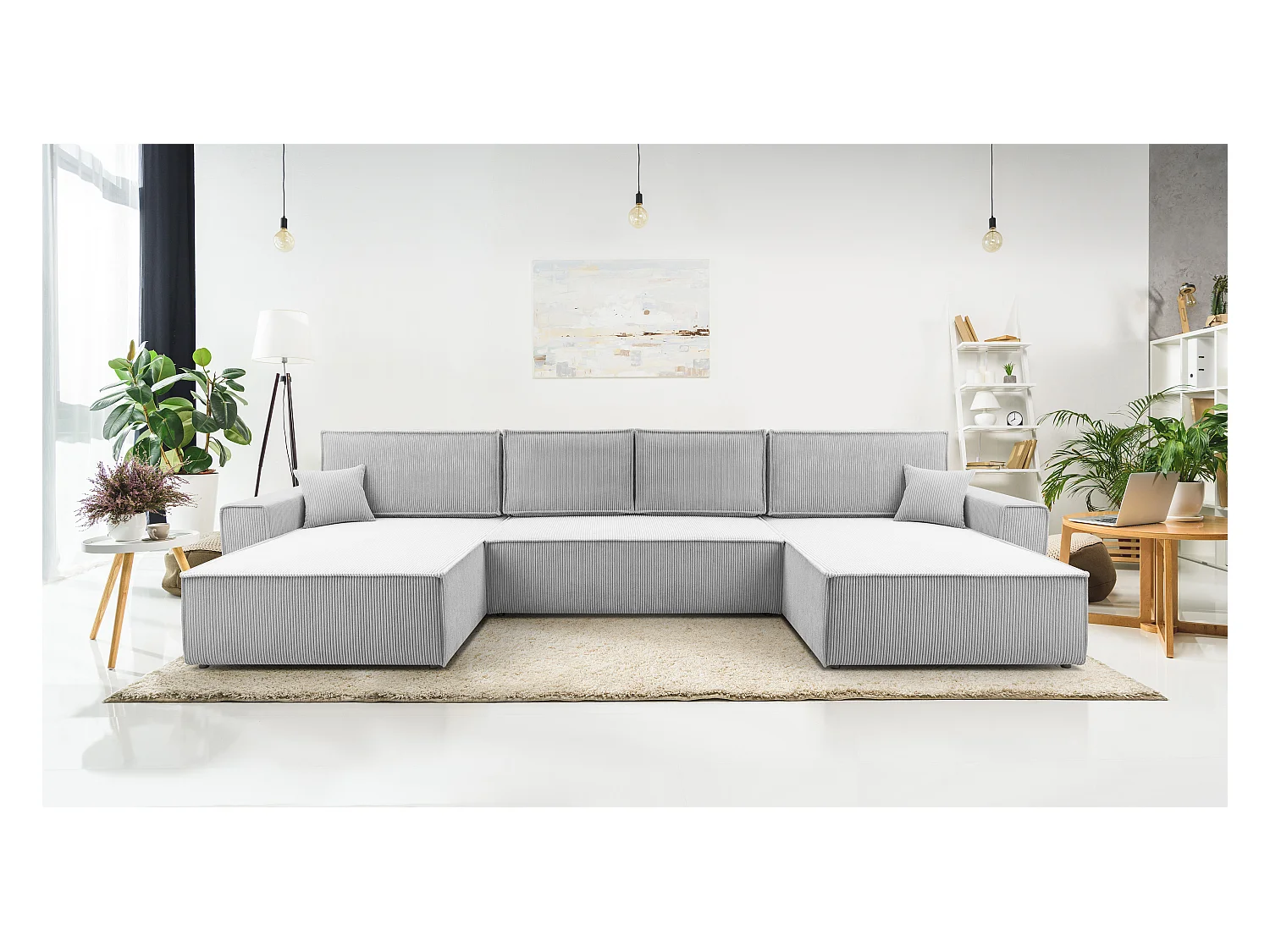 AX LIVING Canapé panoramique Cedria U 389 gris clair avec fonction lit