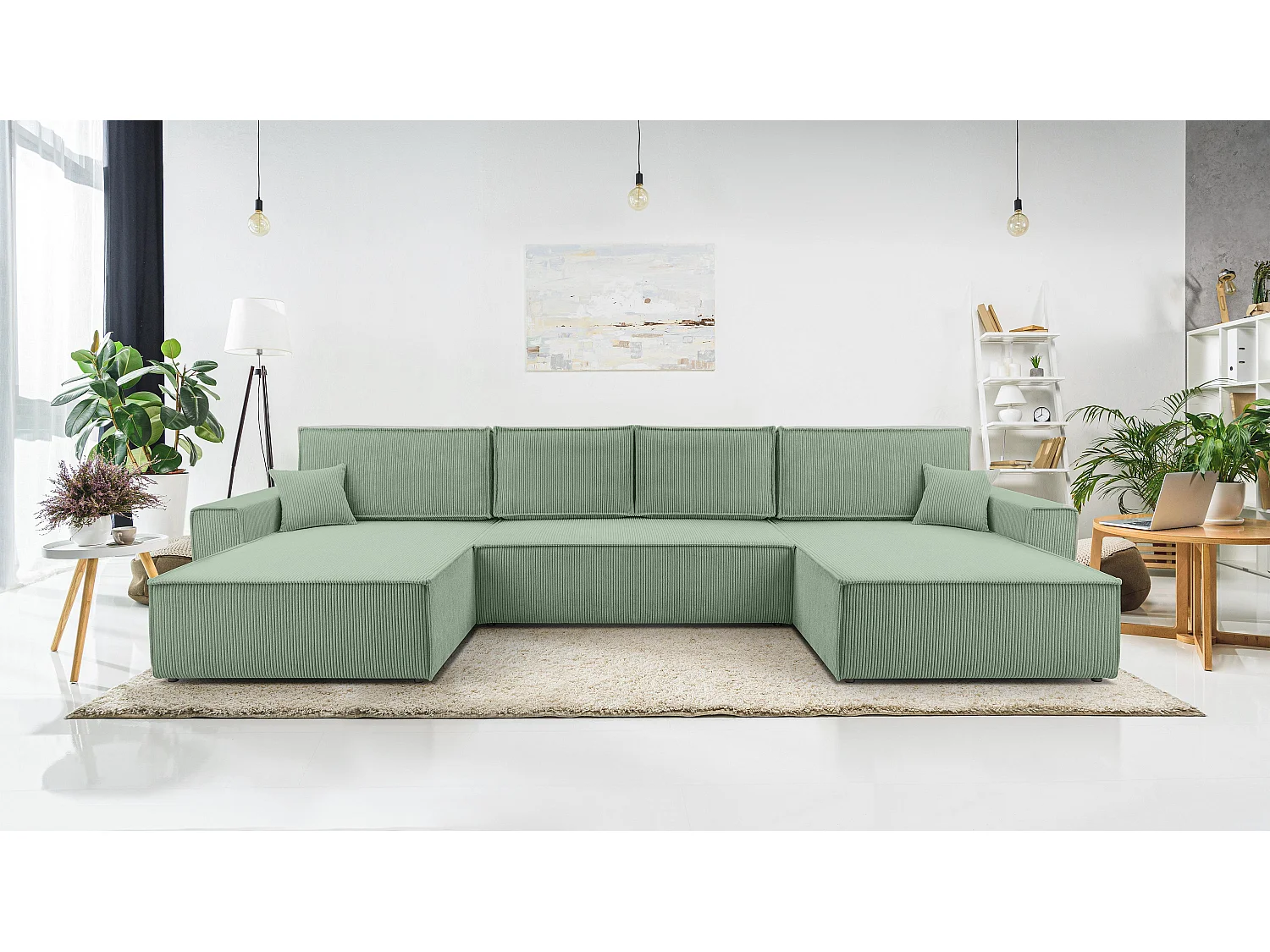 AX LIVING Cedria saliegroene hoekbank U vorm – 389cm met slaapfunctie
