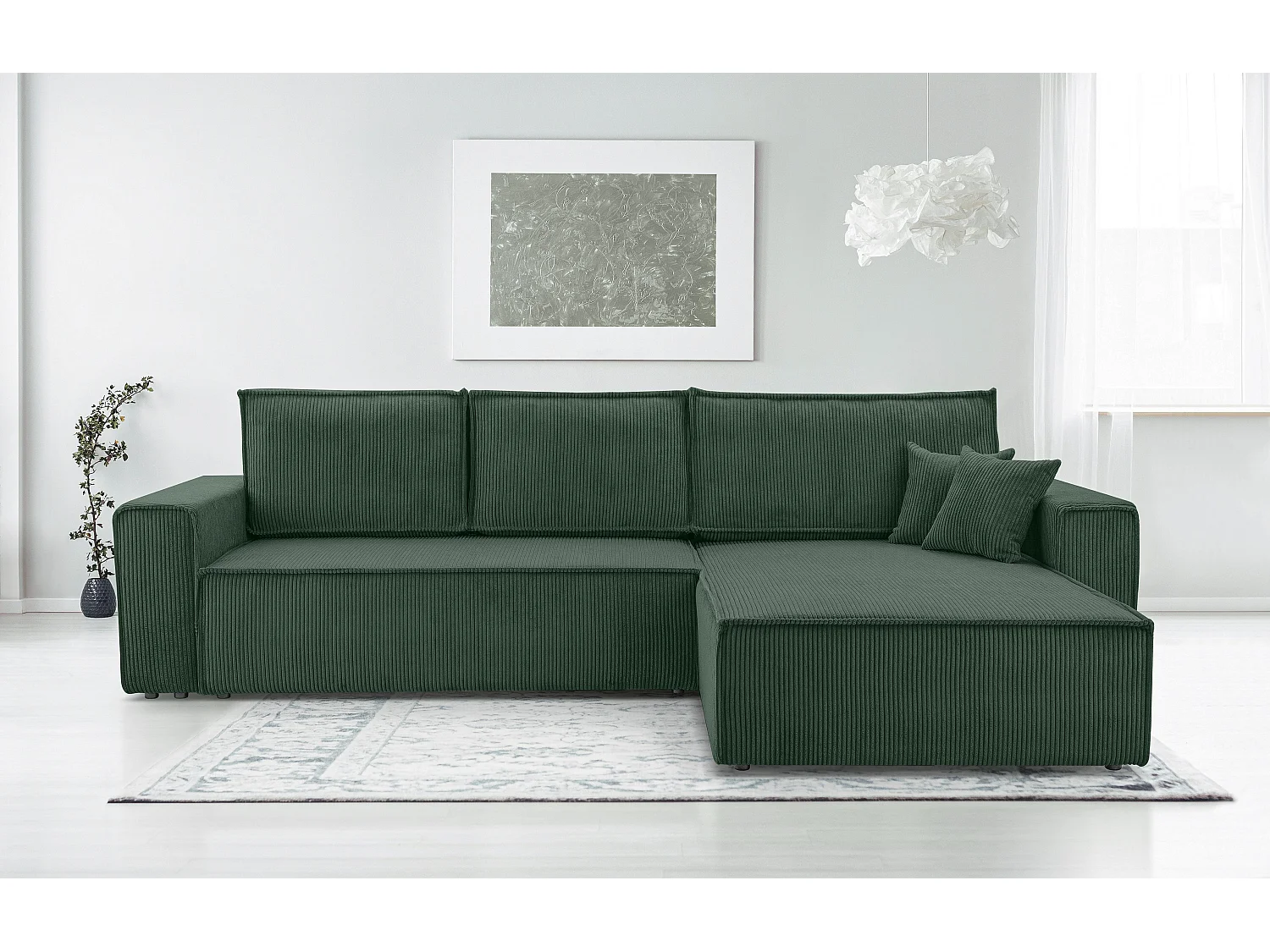 AX LIVING Canapé d’angle en velours côtelé vert foncé Cedria – 287 cm