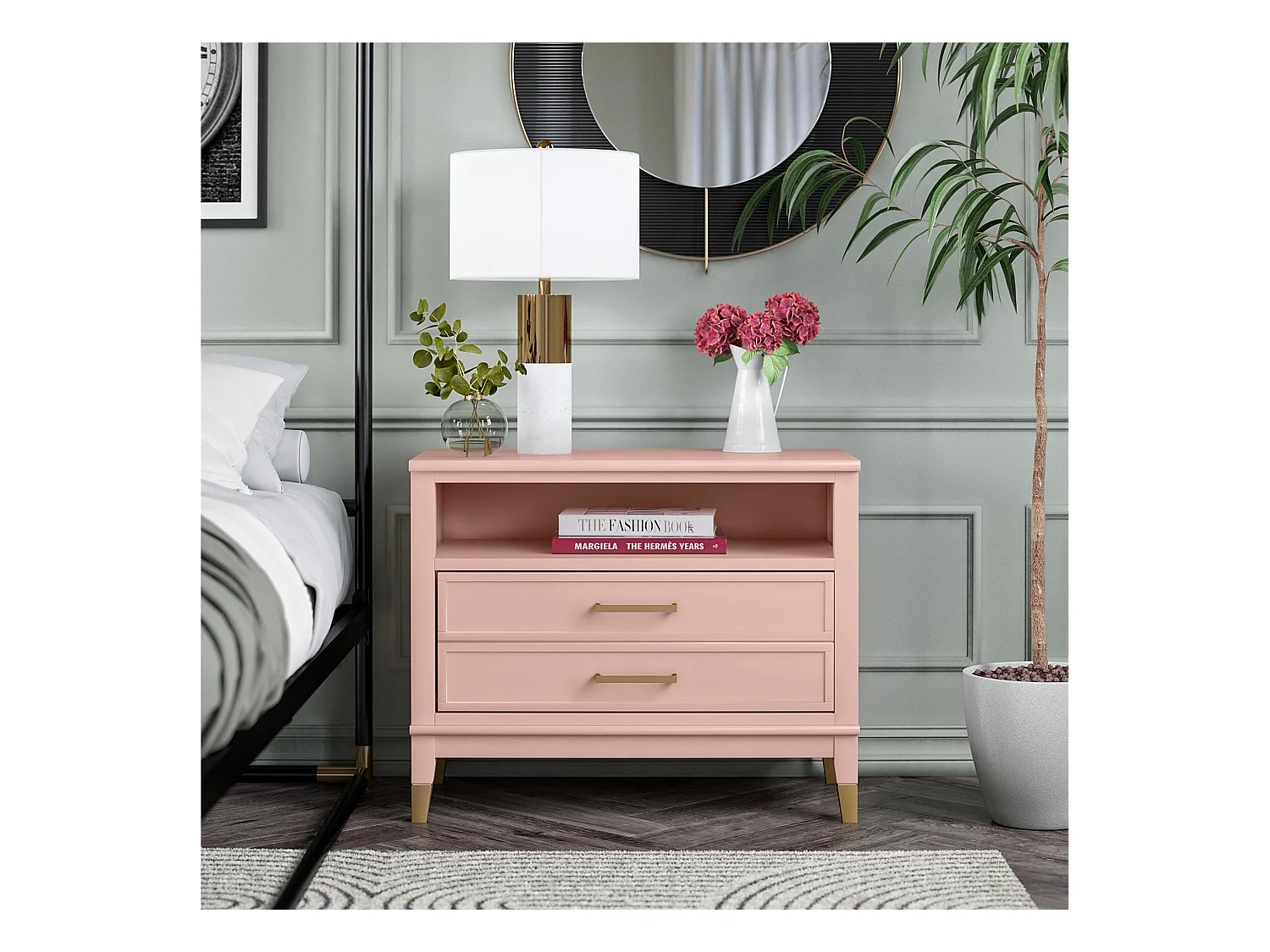 Westerleigh | Nachtkastje met 1 Lade in Roze - Gouden Pootjes en Handgrepen
