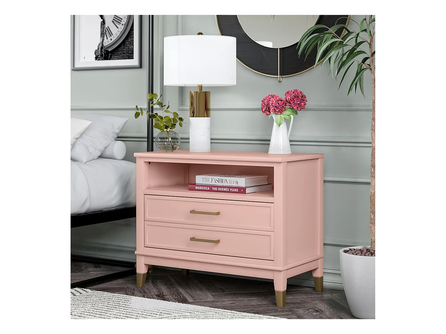 Westerleigh | Nachtkastje met 1 Lade in Roze - Gouden Pootjes en Handgrepen