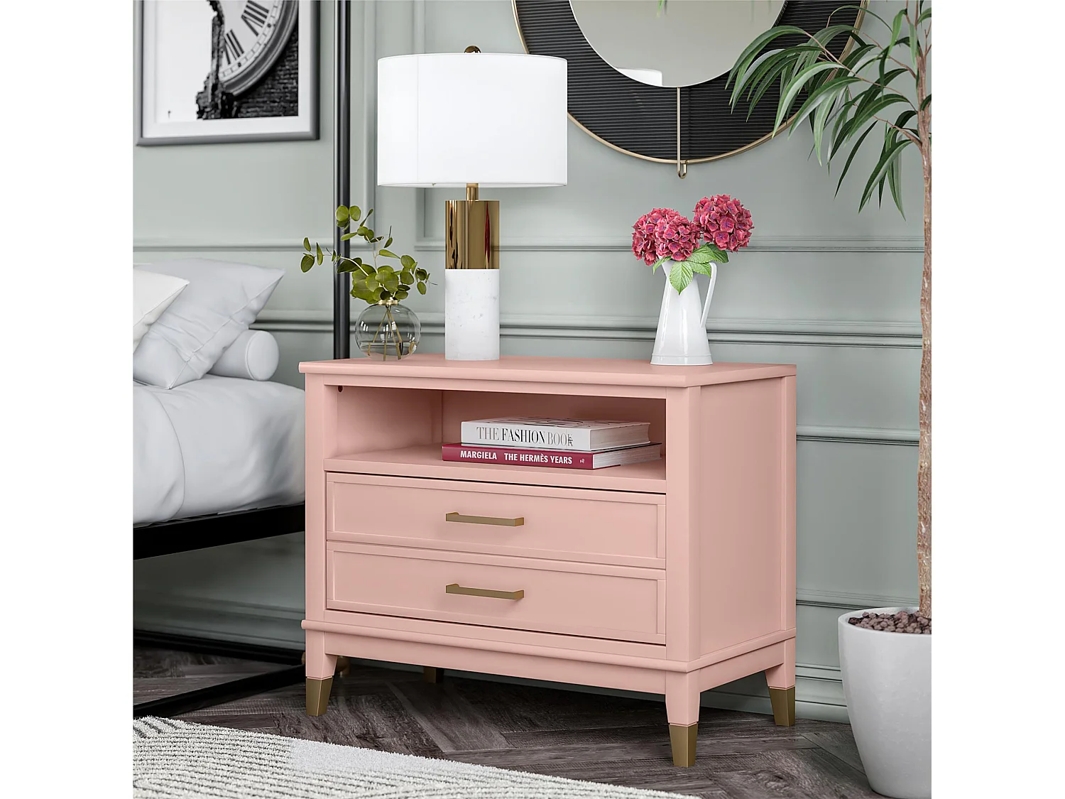 Westerleigh | Table de chevet à 1 tiroir et 1 étagère en rose