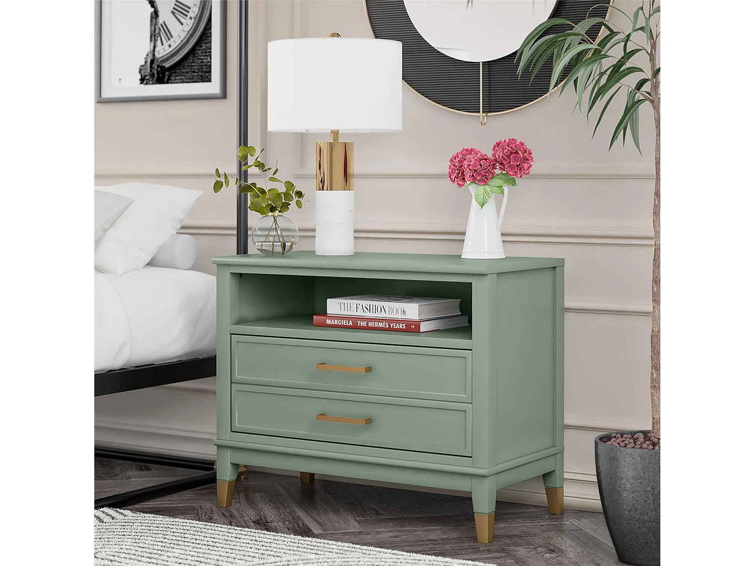 Westerleigh | Nachtkastje met 1 Lade in Groen - Gouden Pootjes en Handgrepen