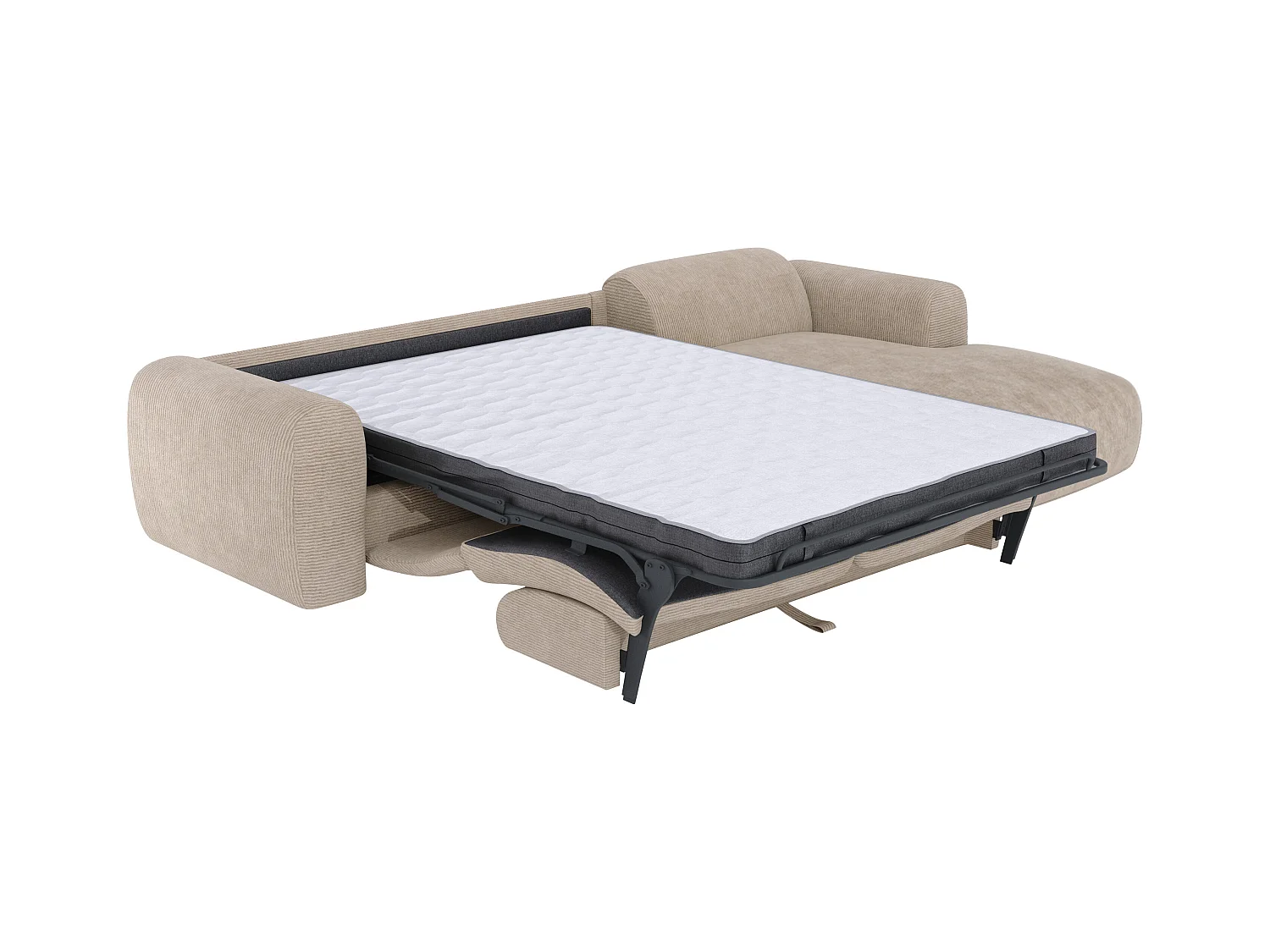 Grand canapé d'angle droit convertible express en velours côtelé fines côtes beige - Matelas 13 cm mémoire de forme POGNI