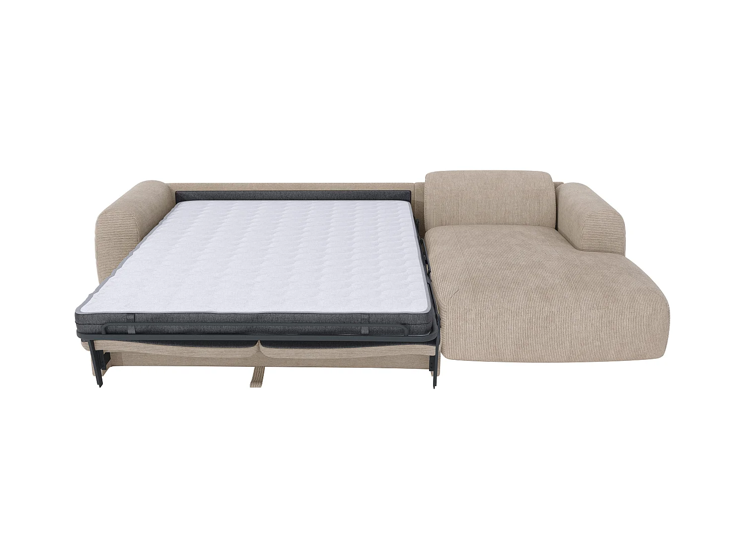 Grand canapé d'angle droit convertible express en velours côtelé fines côtes beige - Matelas 13 cm mémoire de forme POGNI