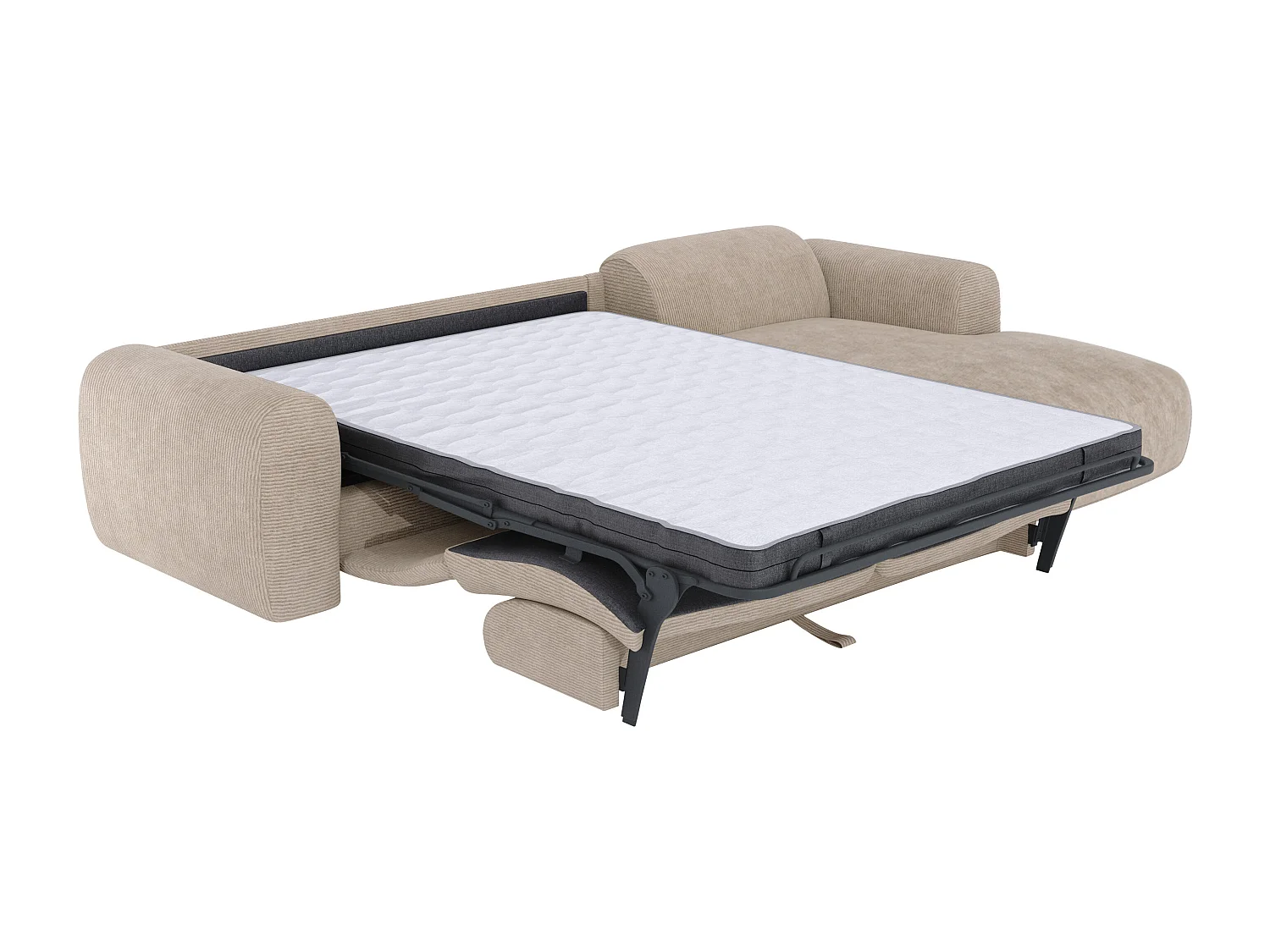 Grand canapé d'angle droit convertible express en velours côtelé fines côtes beige - Matelas 13 cm mémoire de forme POGNI