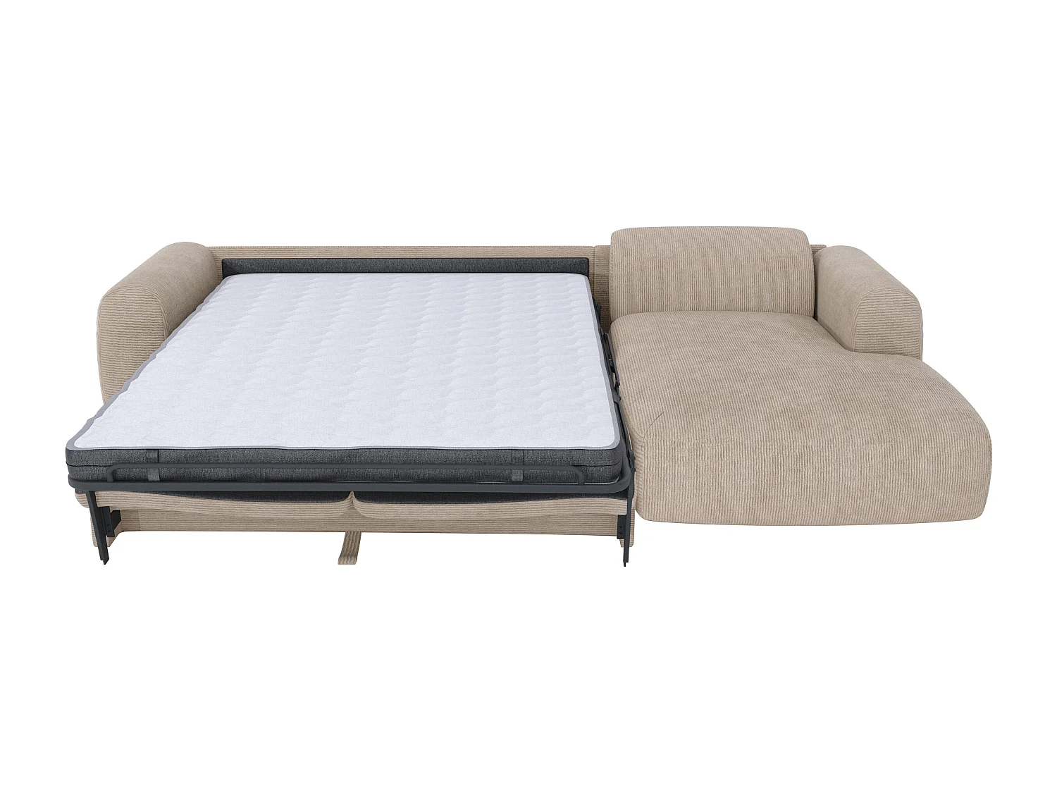 Grand canapé d'angle droit convertible express en velours côtelé fines côtes beige - Matelas 13 cm mémoire de forme POGNI