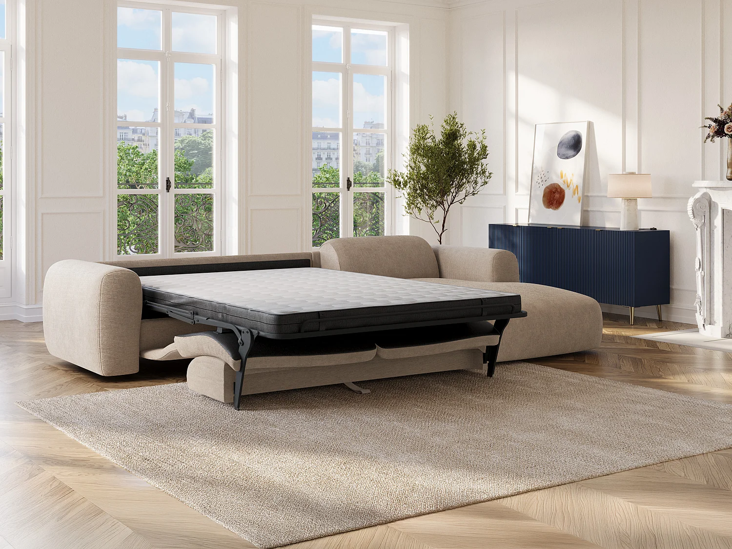 Grand canapé d'angle droit convertible express en velours côtelé fines côtes beige - Matelas 13 cm mémoire de forme POGNI