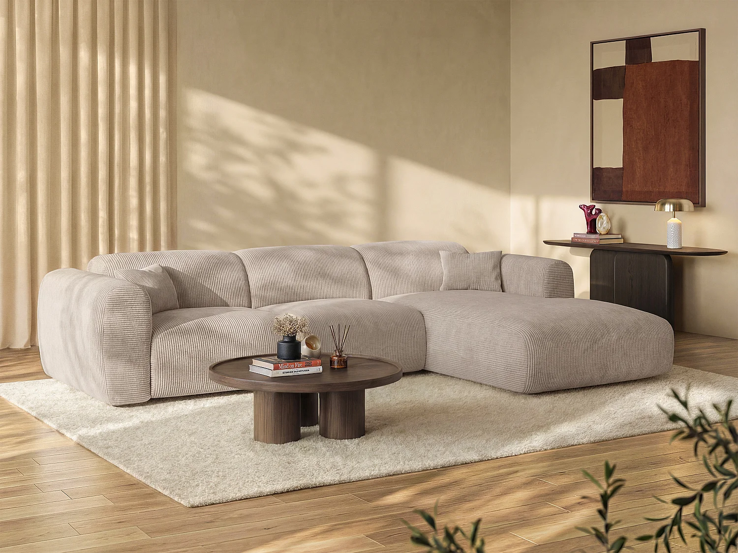 Grand canapé d'angle droit convertible express en velours côtelé fines côtes beige - Matelas 13 cm mémoire de forme POGNI