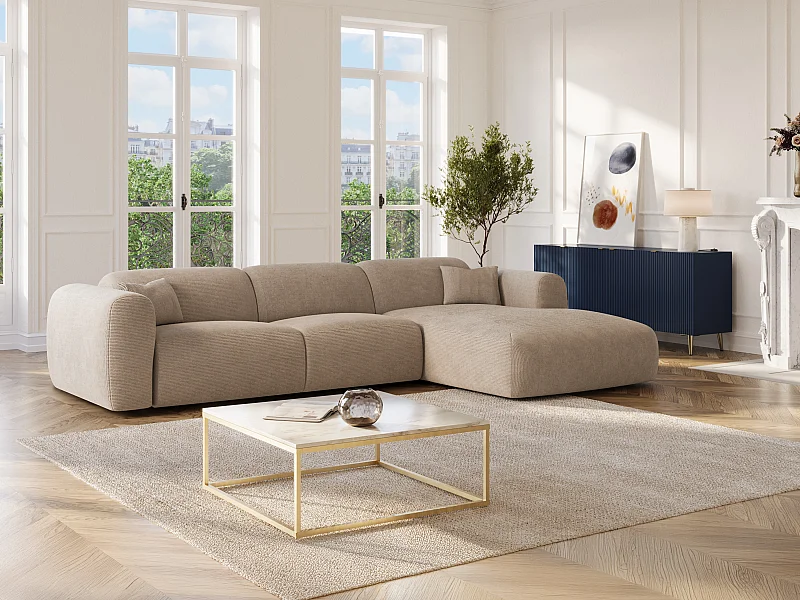 Grande divano angolare destro convertibile express in velluto a coste sottili beige POGNI