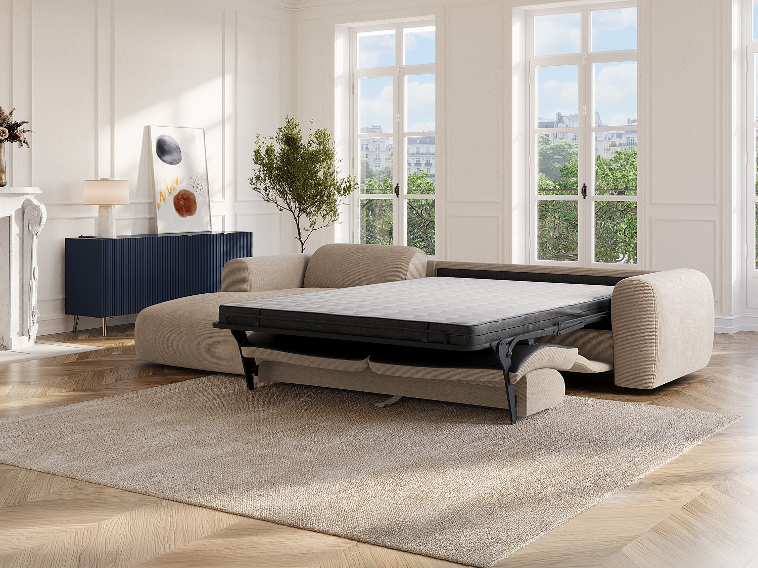 Vente-unique Ecksofa mit Schlaffunktion - Ecke links - Cord fein gerippt - Beige - POGNI 16644273