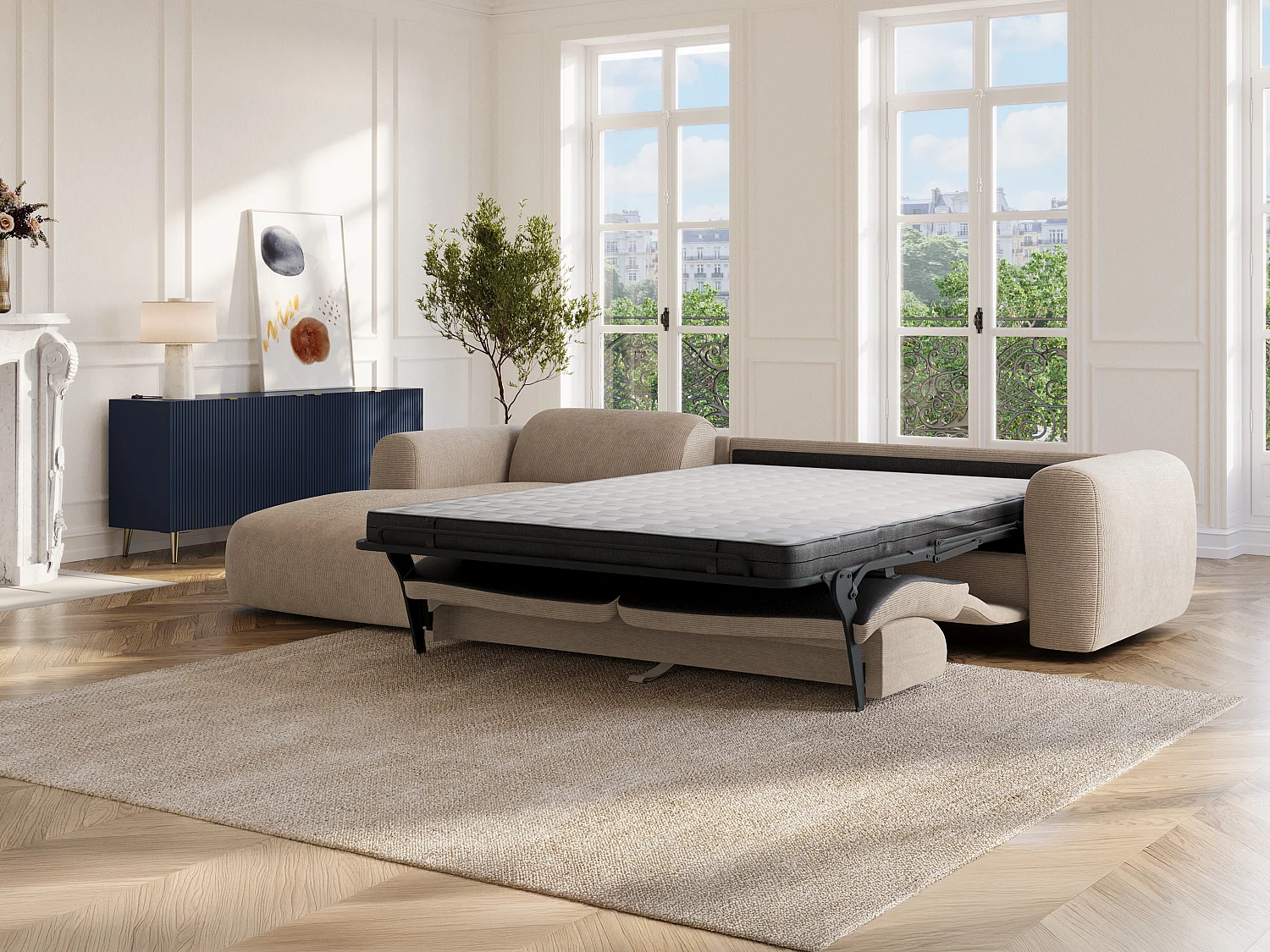 Grand canapé d'angle gauche convertible express en velours côtelé fines côtes beige - Matelas 13 cm mémoire de forme POGNI