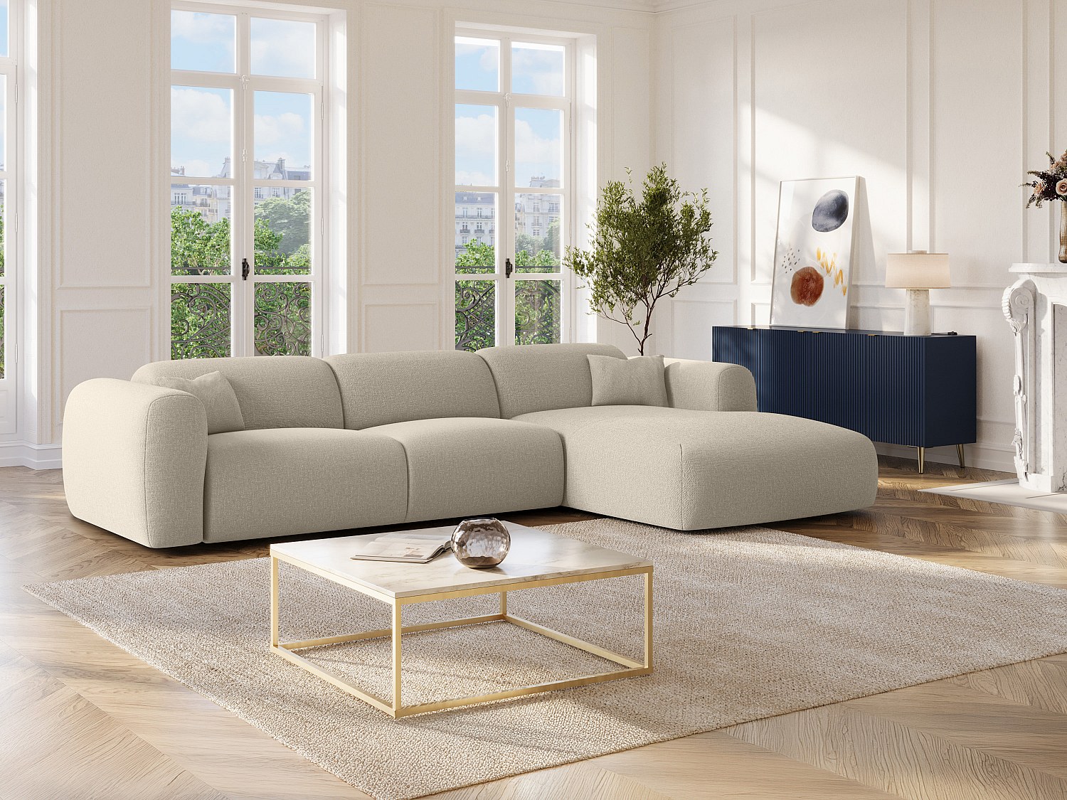 Ecksofa mit Express-Schlaffunktion - Ecke rechts - Stoff meliert - Beige - günstig online kaufen