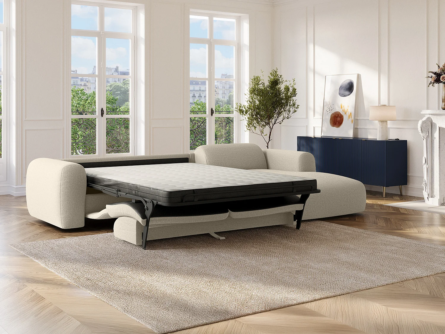 Grand canapé d'angle droit convertible express en tissu chiné beige - Matelas 13 cm mémoire de forme POGNI