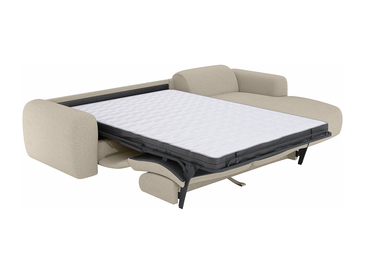 Grand canapé d'angle droit convertible express en tissu chiné beige - Matelas 13 cm mémoire de forme POGNI