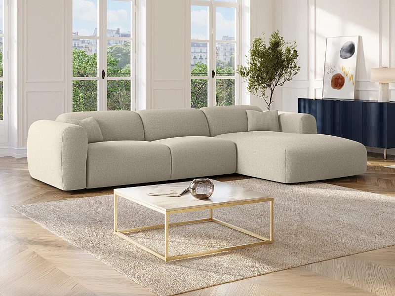 Grand canapé d'angle droit convertible express en tissu chiné beige - Matelas 13 cm mémoire de forme POGNI