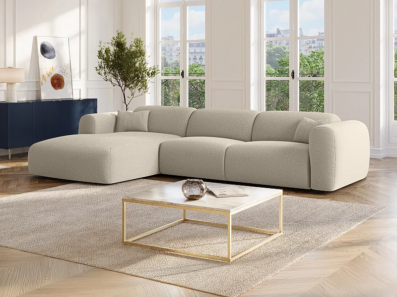Grande divano angolare sinistro convertibile express in tessuto mélange beige POGNI