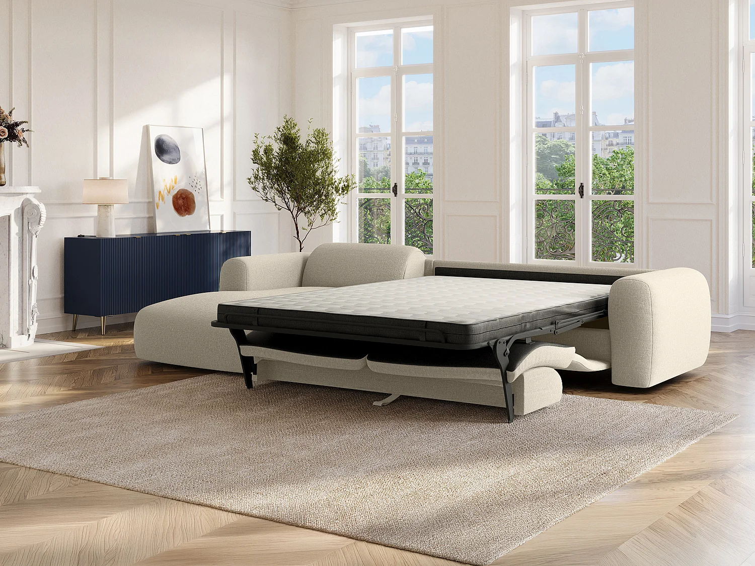 Grand canapé d'angle gauche convertible express en tissu chiné beige - Matelas 13 cm mémoire de forme POGNI