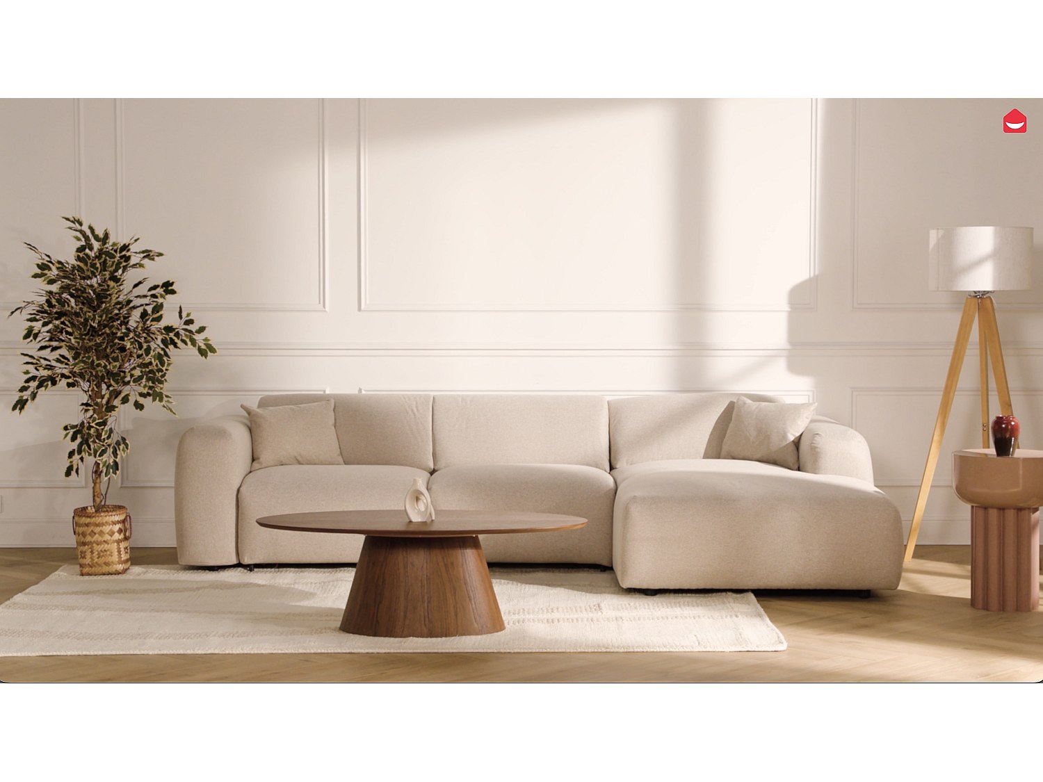 Stor hjørnesofa venstre chaiselong skyvegjesteseng express 140 cm i beige melert stoff POGNI