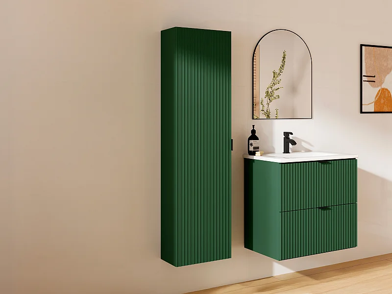 Badhochschrank hängend - Streifenoptik - Mattgrün - H140 cm - ZEVINI