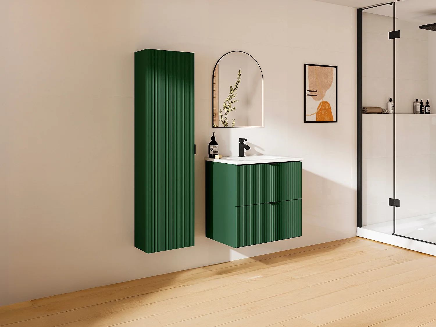 Colonne de salle de bain suspendue striée - Vert mat - H140 cm - ZEVINI