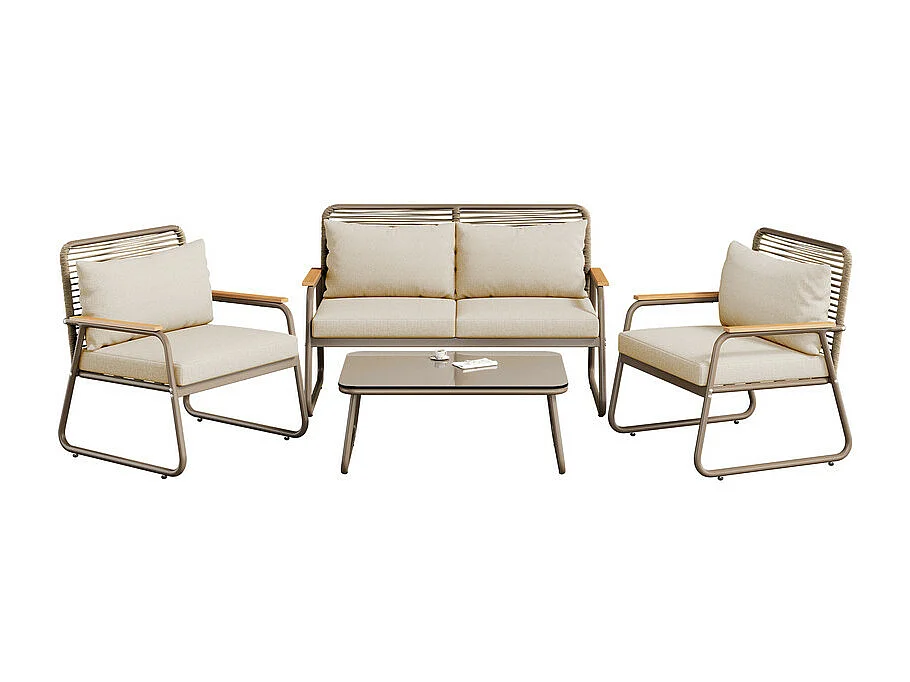 Ensemble de salon de jardin: Table basse en verre trempé, canapé 2 places et 2 fauteuils - pieds réglables - Beige