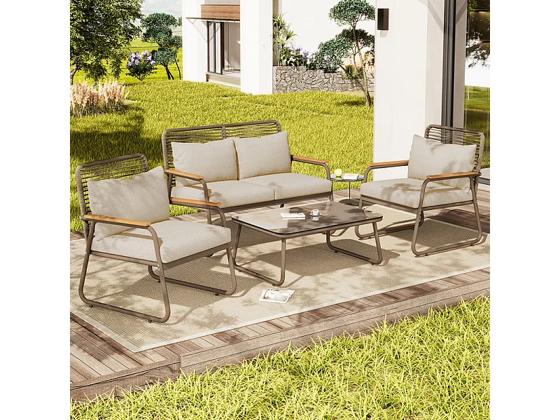 Ensemble de salon de jardin: Table basse en verre trempé, canapé 2 places et 2 fauteuils - pieds réglables - Beige