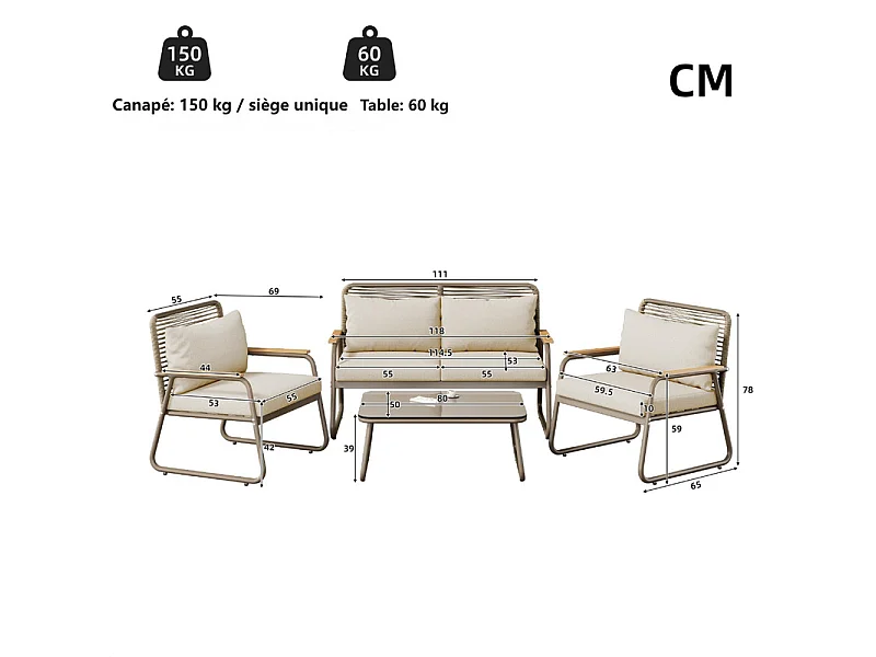 Ensemble de salon de jardin: Table basse en verre trempé, canapé 2 places et 2 fauteuils - pieds réglables - Beige