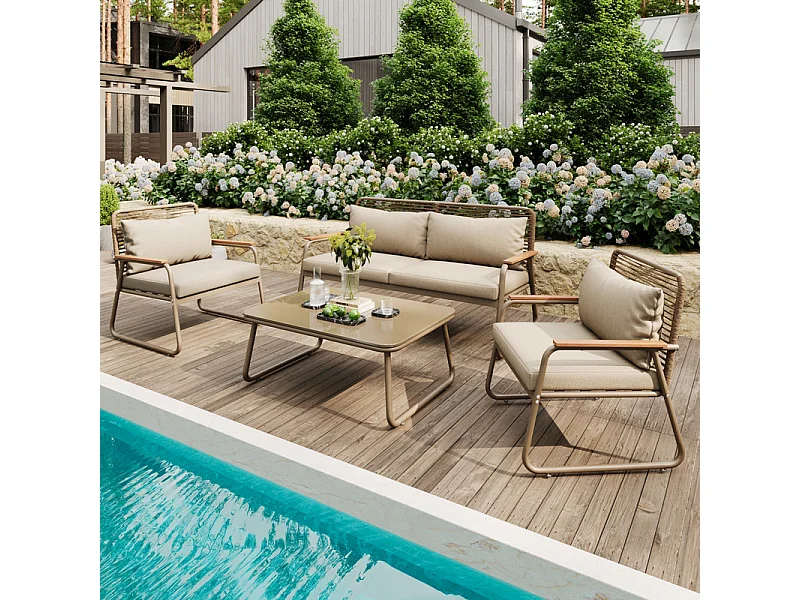 Ensemble de salon de jardin: Table basse en verre trempé, canapé 2 places et 2 fauteuils - pieds réglables - Beige