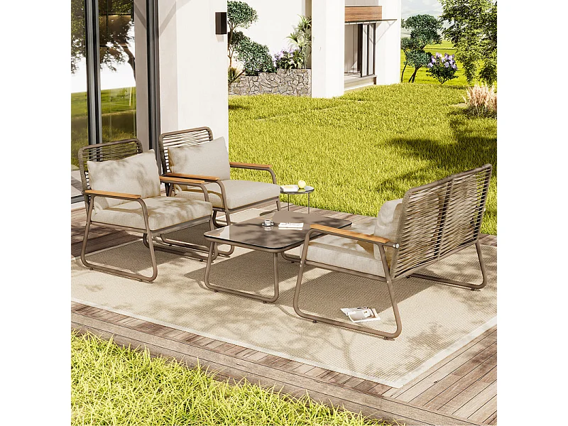 Ensemble de salon de jardin: Table basse en verre trempé, canapé 2 places et 2 fauteuils - pieds réglables - Beige