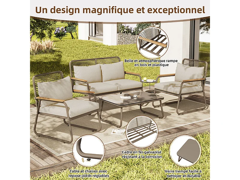 Ensemble de salon de jardin: Table basse en verre trempé, canapé 2 places et 2 fauteuils - pieds réglables - Beige