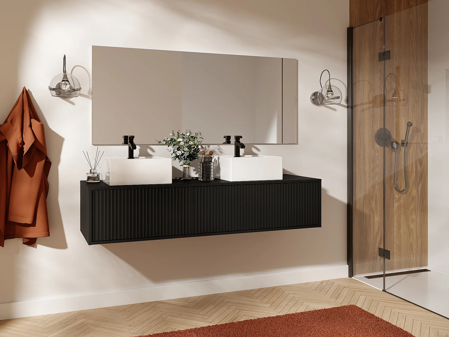 Meuble sous vasque suspendu strié - Noir - 150 cm - ARNEGA