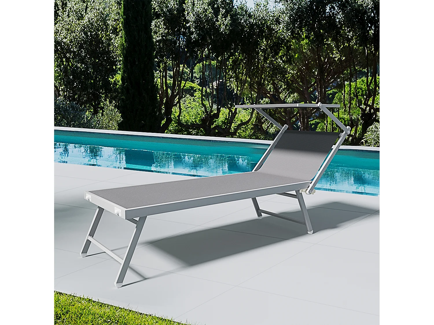 Lettino Prendisole Pieghevole Professionale in Alluminio e Tessuto Textilene Tettuccio Orientabile Parasole Sdraio Mare Spiaggia 182 x 60 x 38 cm Grigio