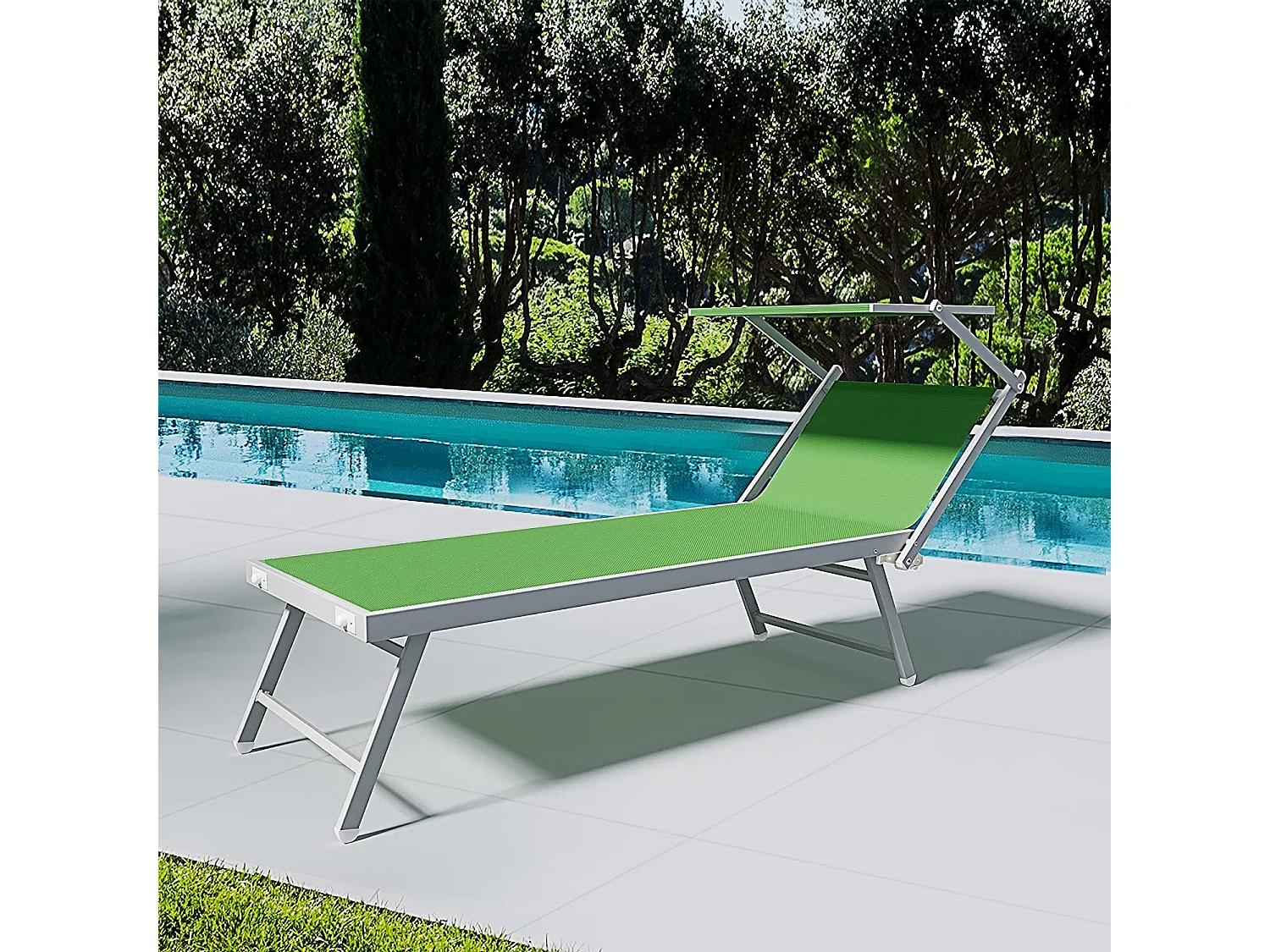 Coppia Di Lettini Prendisole Pieghevole Professionale in Alluminio e Tessuto Textilene Tettuccio Parasole Sdraio Mare Spiaggia 182x60x38 cm Verde