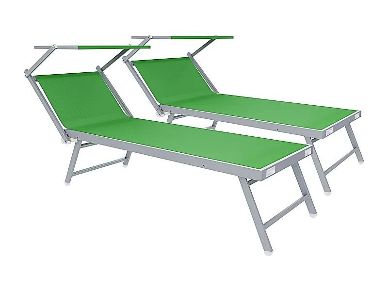 Coppia Di Lettini Prendisole Pieghevole Professionale in Alluminio e Tessuto Textilene Tettuccio Parasole Sdraio Mare Spiaggia 182x60x38 cm Verde