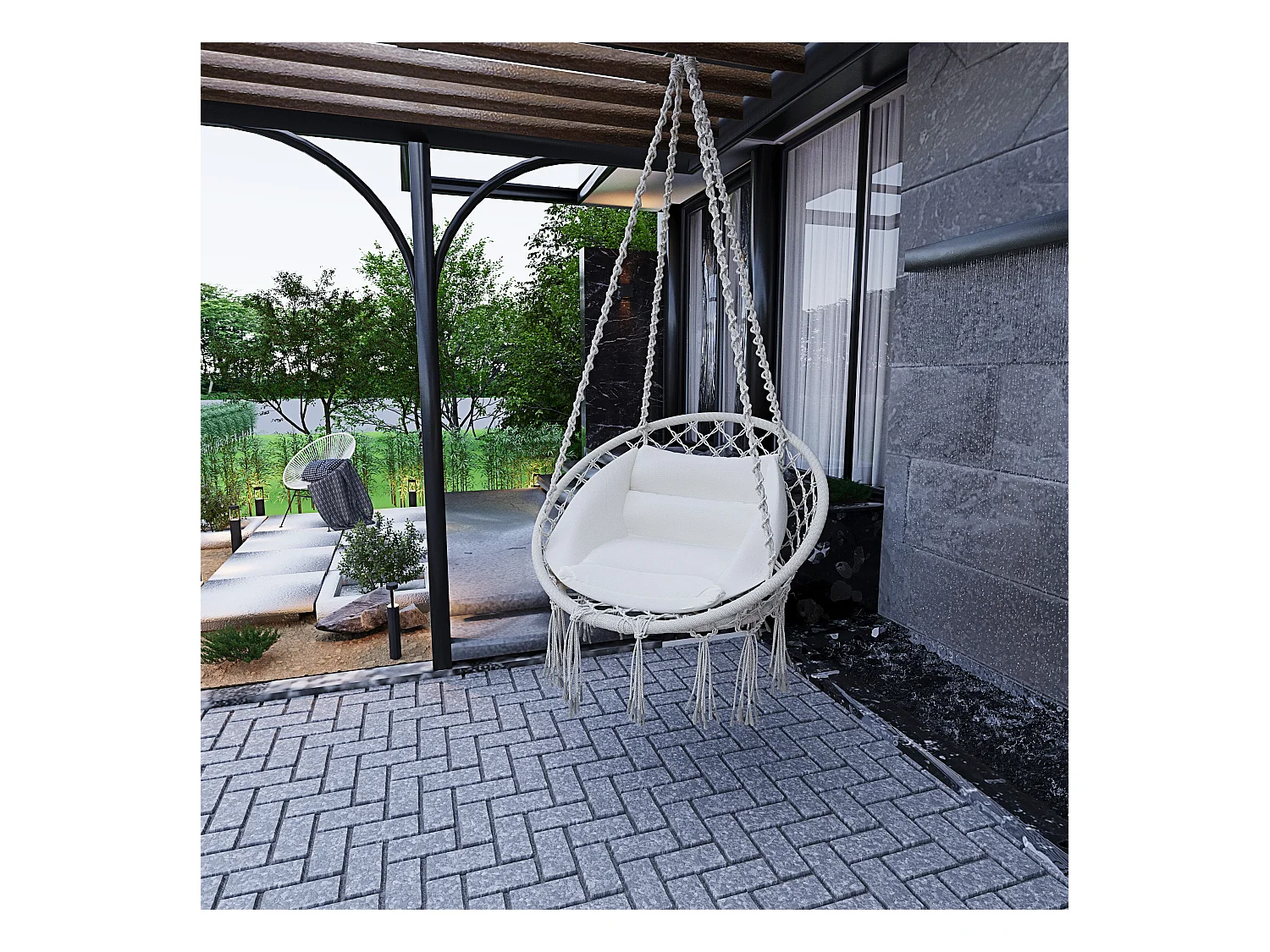 Poltrona Sospesa Pensile Da Giardino Corda In Cotone Struttura In Acciaio Cuscino Sedia Dondolo Amaca Esterno Terrazzo Design Fino A 160 Kg Beige